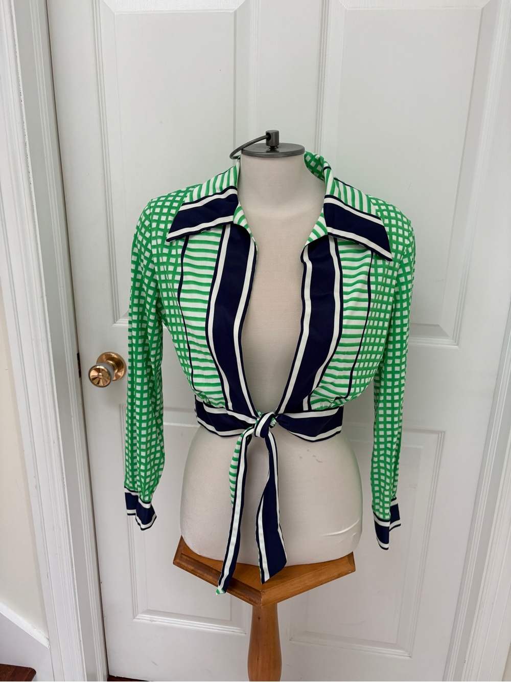 Green and Navy Tie-Front Women's Shirt
